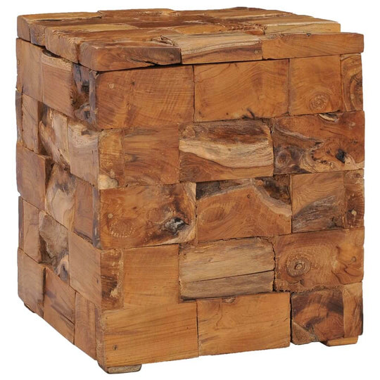 Solid teak wood storage stool with rustic mosaic design, perfect for outdoor furniture and home decor.