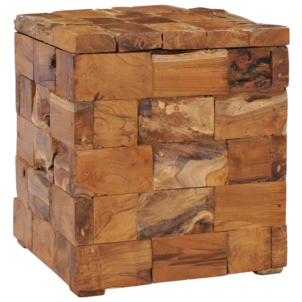 Sturdy storage stool made of solid teak wood with rustic mosaic design for home and outdoor spaces.