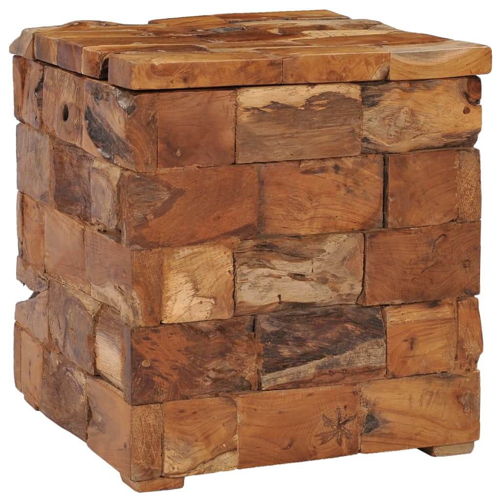 Solid teak wood storage stool with rustic mosaic design, perfect for patio or garden furniture in outdoor living spaces.