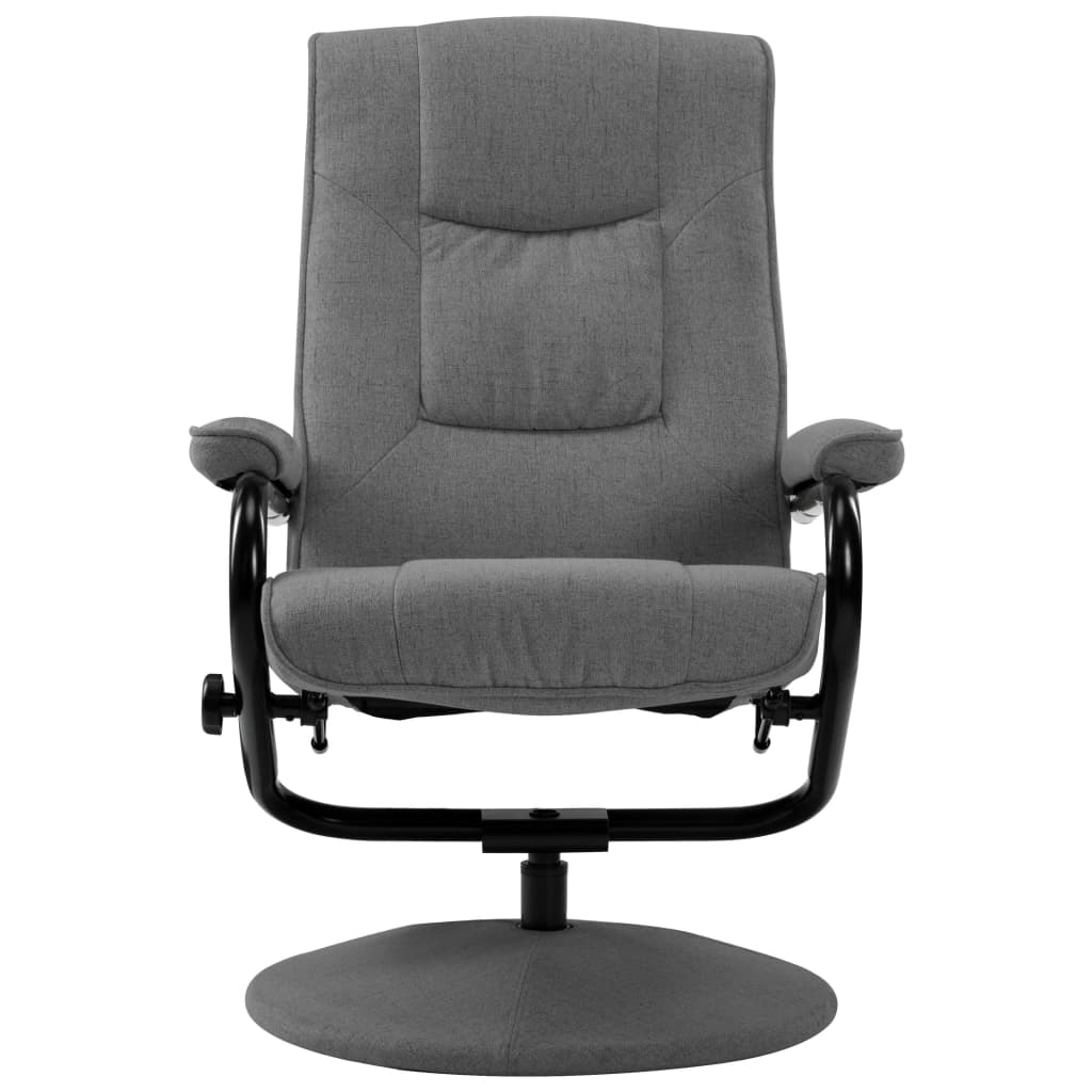 Comfortable light grey recliner chair with footrest and sturdy black metal base, perfect for home relaxation and style.