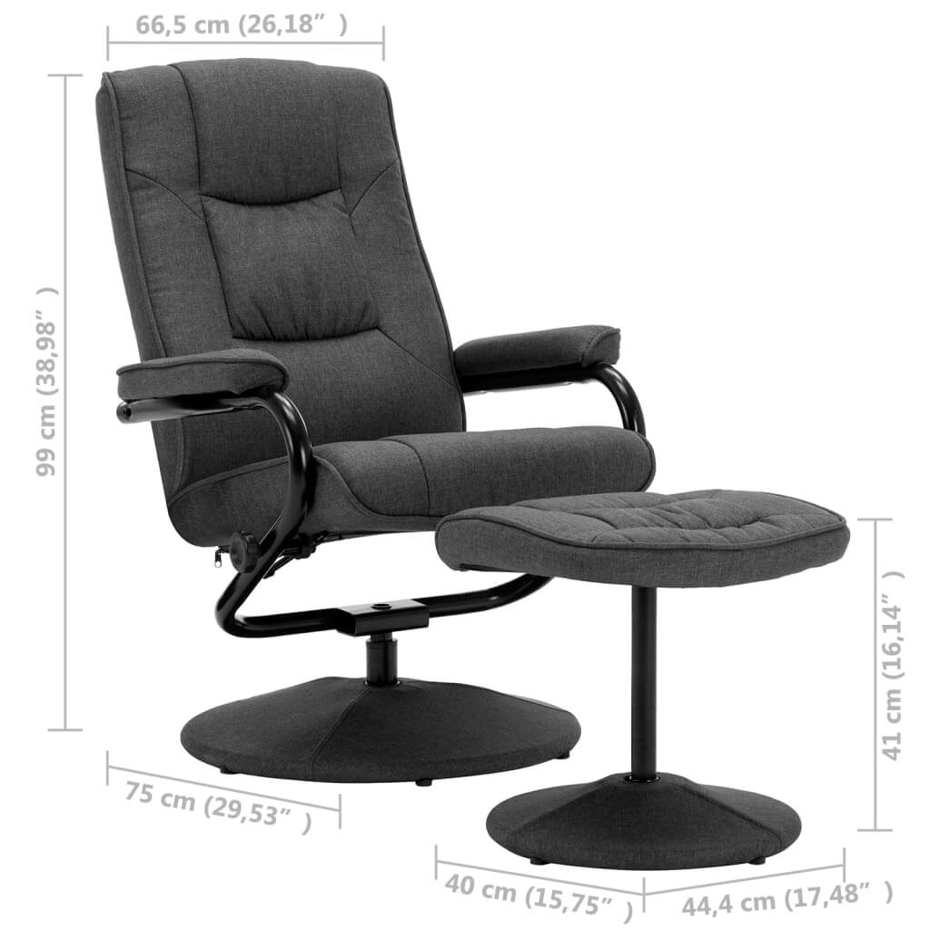 Recliner chair with footrest in dark grey fabric, featuring a modern design and dimensions for comfortable seating.