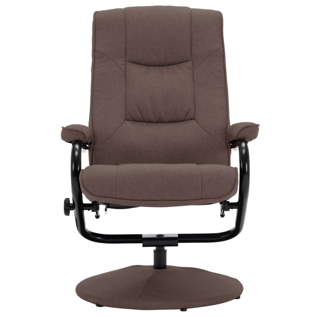 Brown fabric recliner chair with footrest, stylish design and comfortable backrest for relaxation.