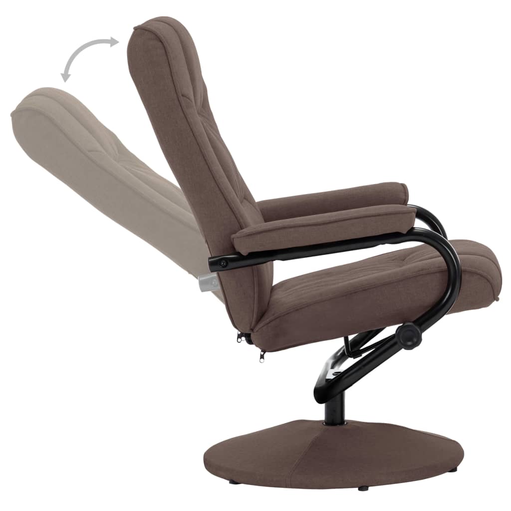 Recliner chair in brown fabric with footrest, showing reclining motion for added comfort and style.