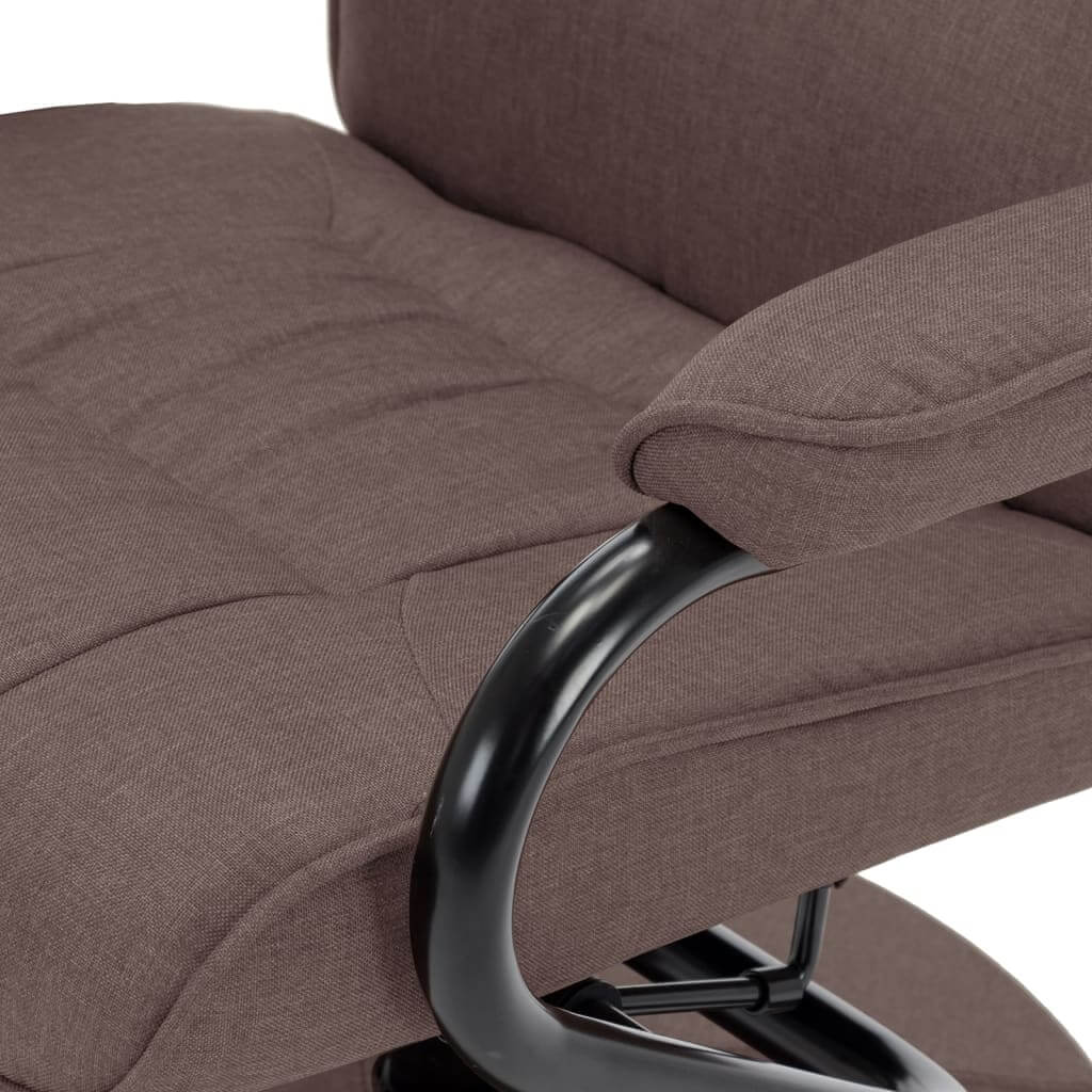 Close-up of a brown fabric recliner chair with comfortable cushioning and a sleek metal base.