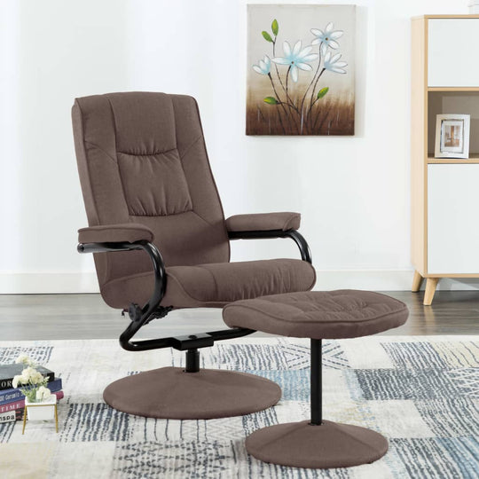 Recliner chair with footrest in brown fabric, stylishly arranged in modern living room with floral artwork.