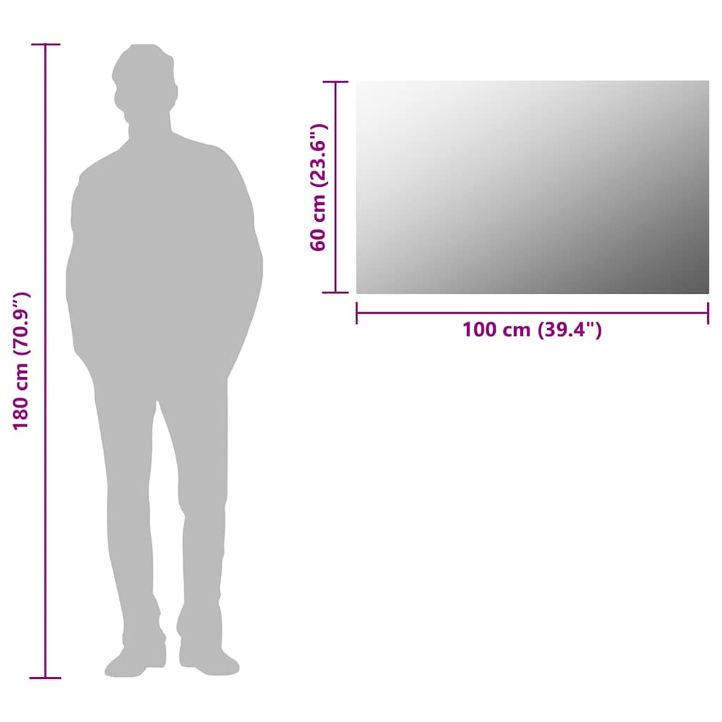 Dimensions of a 100x60 cm frameless mirror shown beside a silhouette of a person for size comparison.