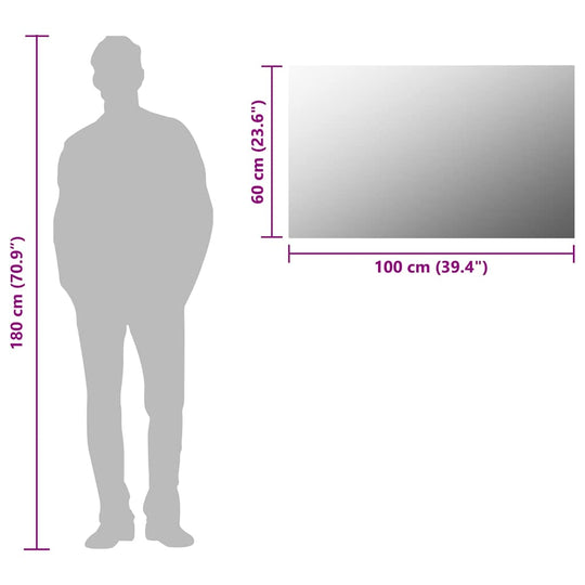 Dimensions of a 100x60 cm frameless mirror shown beside a silhouette of a person for size comparison.