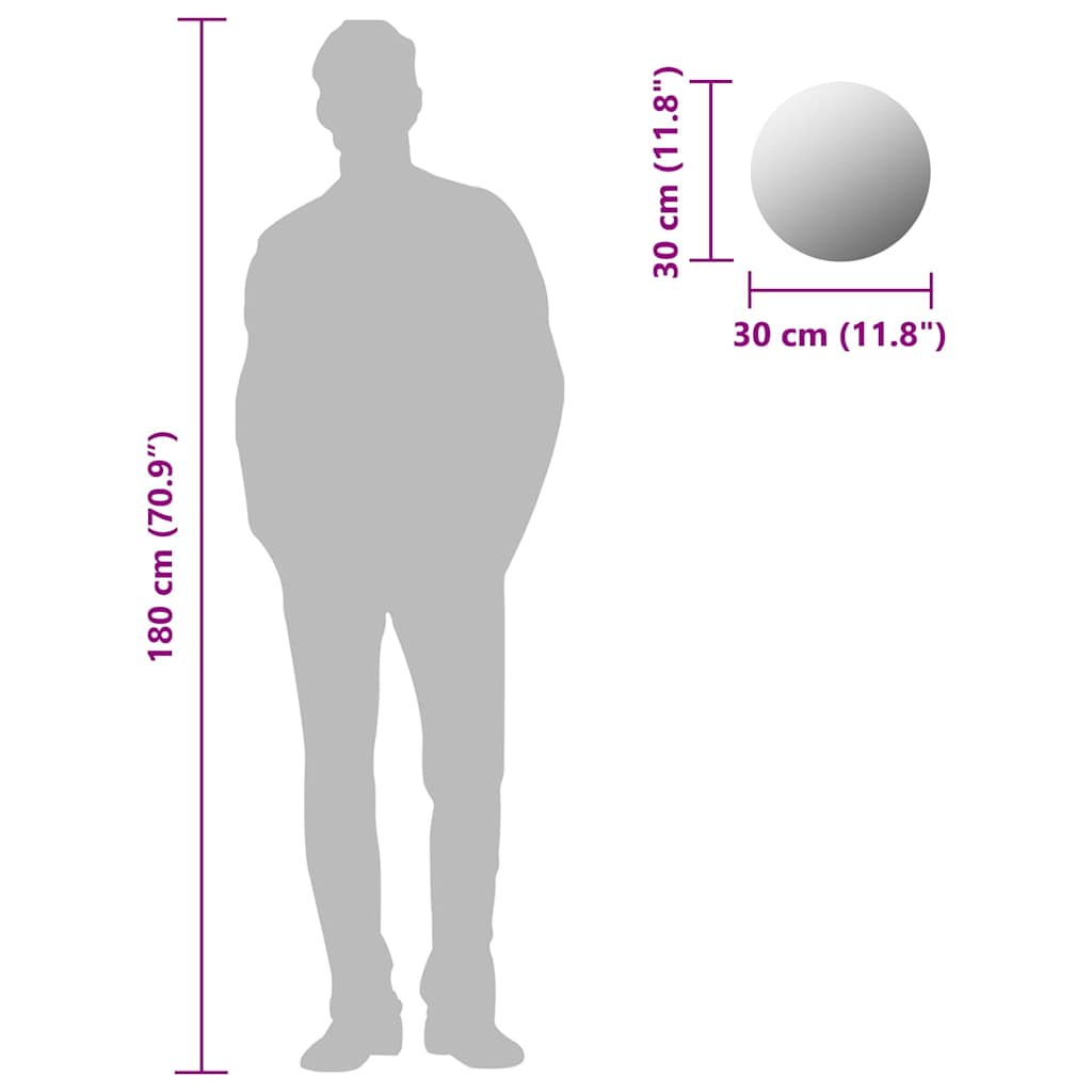 Dimensions of a 30 cm round frameless mirror with silhouette for scale, showcasing elegance in home furniture décor.