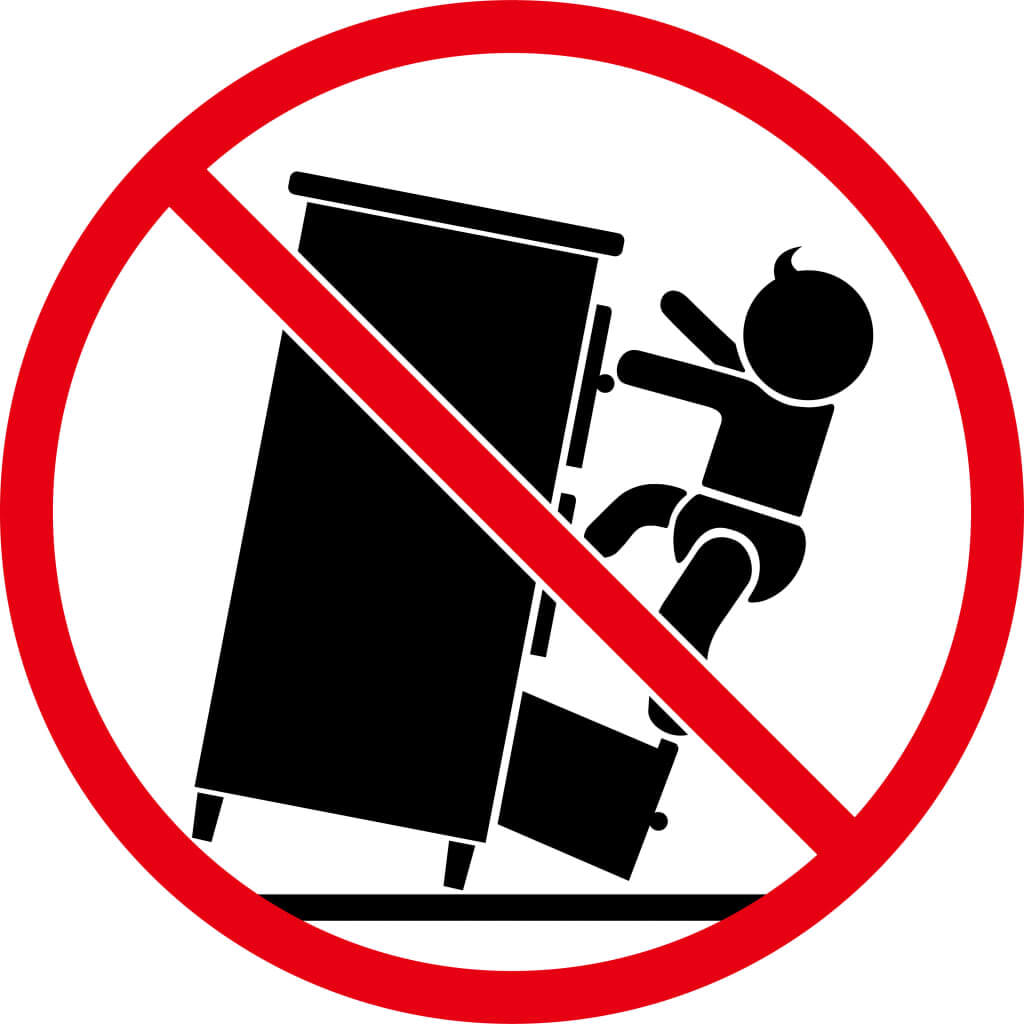 Warning sign against children climbing furniture for safety prevention.