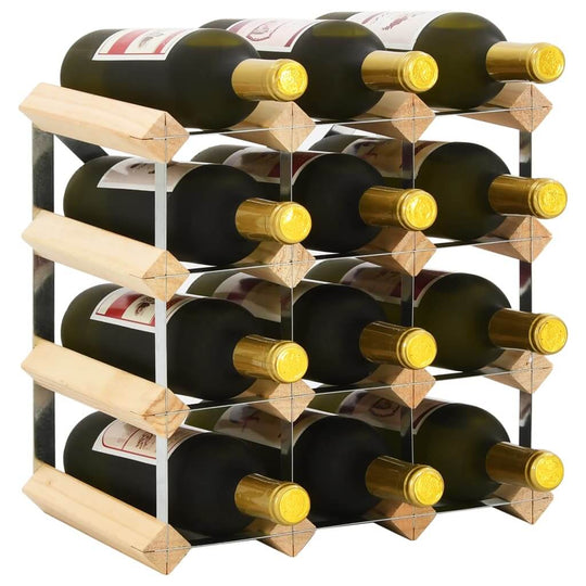 Wooden wine rack for 12 bottles, combining solid pinewood and galvanized steel for stylish wine storage.