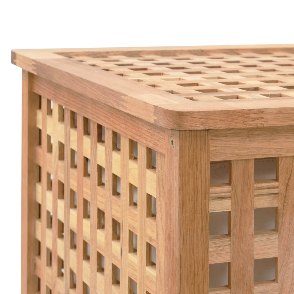 Wooden laundry bin with lattice design, ideal for stylish storage in bathroom or bedroom, made of solid walnut wood.