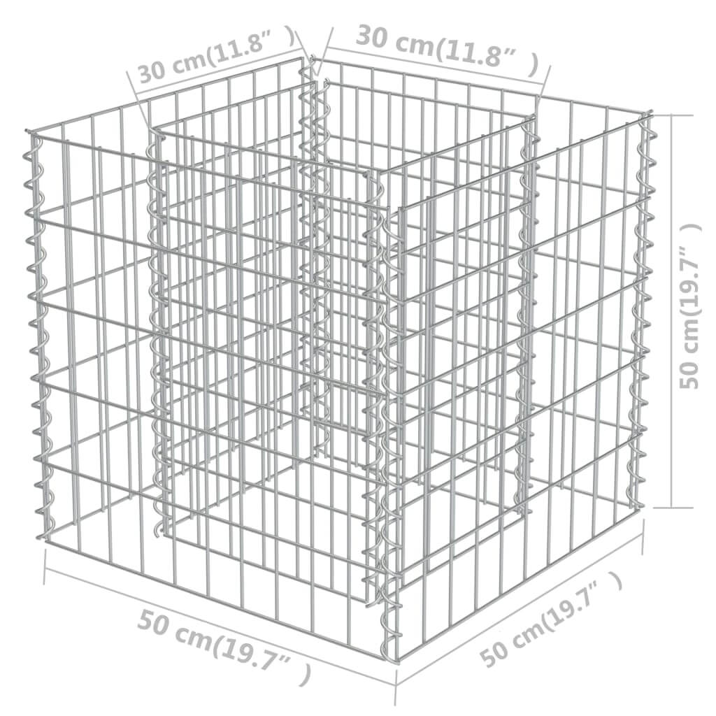 Gabion raised bed dimensions: 50x50x50 cm made of galvanised steel with 30 cm mesh grid for stability and durability.