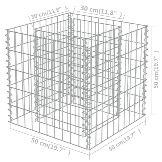 Gabion raised bed dimensions: 50x50x50 cm made of galvanised steel with 30 cm mesh grid for stability and durability.