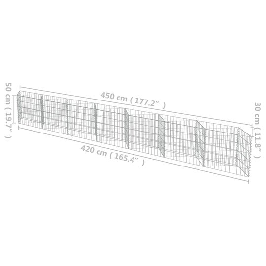 Gabion wall dimensions 450x30x50 cm, made of galvanized steel for durable landscaping and garden design.