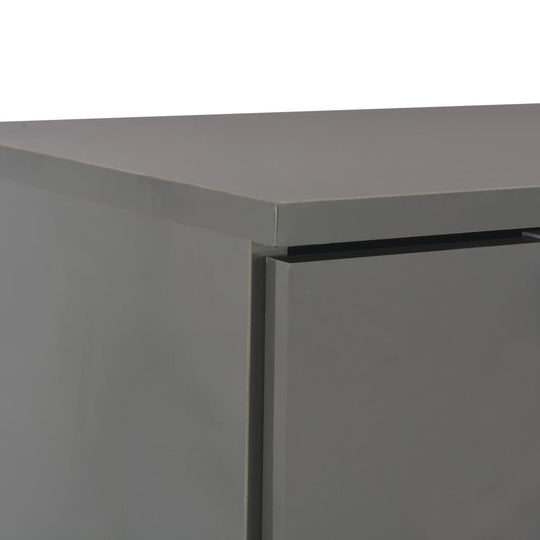 Close-up of the high gloss grey engineered wood sideboard featuring a sleek surface and seamless drawer design.