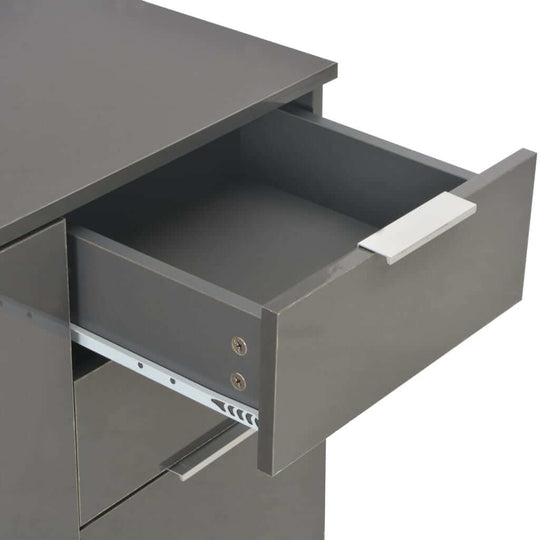 High gloss grey sideboard drawer open, showcasing ample storage space and sleek design.