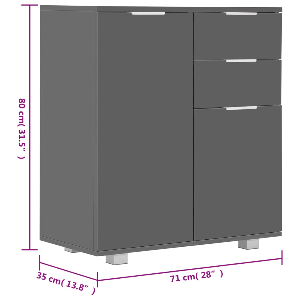 High gloss grey sideboard 71x35x80 cm with 2 drawers and 2 doors for ample storage in engineered wood.