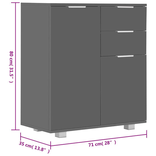 High gloss grey sideboard 71x35x80 cm with 2 drawers and 2 doors for ample storage in engineered wood.