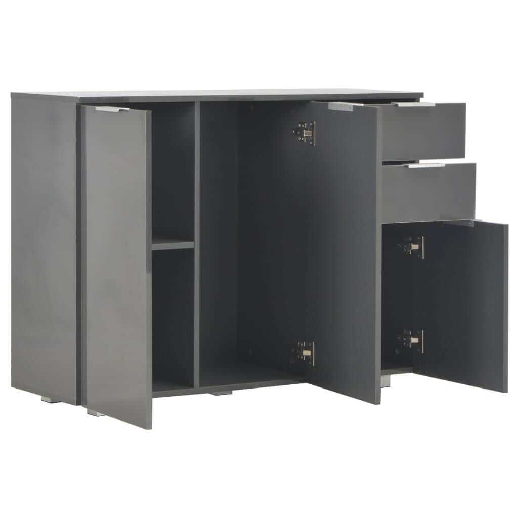 High gloss grey sideboard with two drawers and three doors, ideal for living room storage and organization.