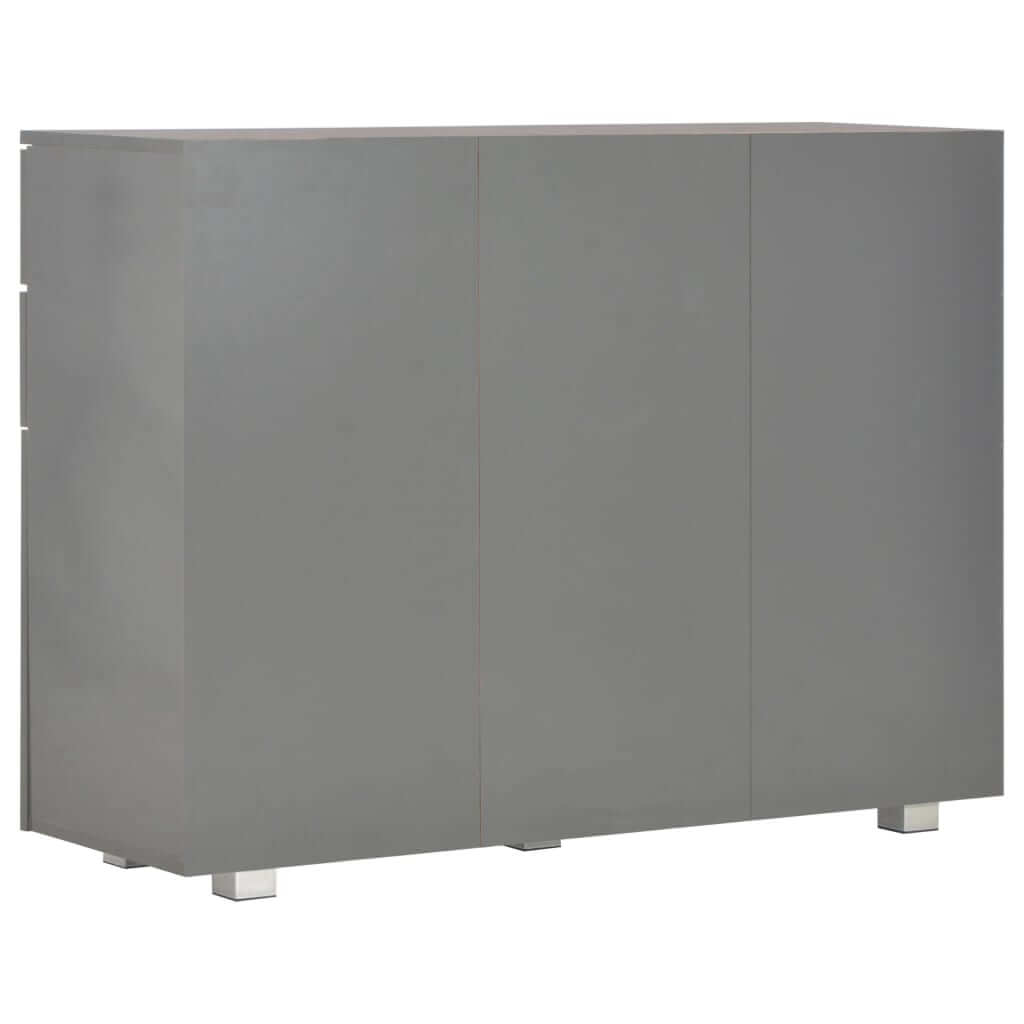 High gloss grey sideboard with 3 doors and modern design, perfect for living room storage solutions.