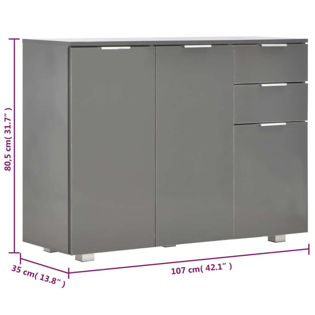 High gloss grey sideboard 107x35x80.5 cm with 2 drawers and 3 doors for living room storage.