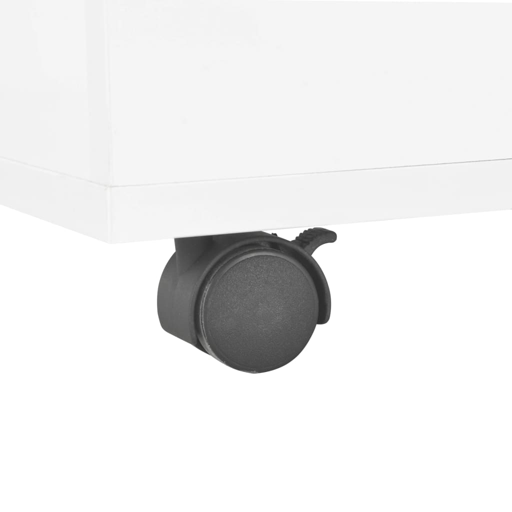 Close-up of a black caster wheel on a high gloss white coffee table, enhancing mobility and style in modern furniture.