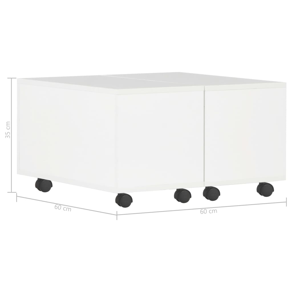 High gloss white coffee table 60x60x35 cm with wheels, perfect for lounge and living room furniture.