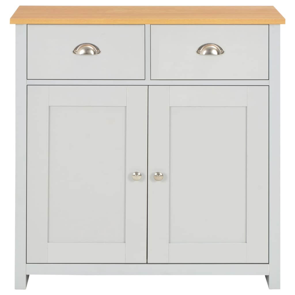 Grey sideboard with two drawers and two doors, ideal for organizing furniture and enhancing interior decor.