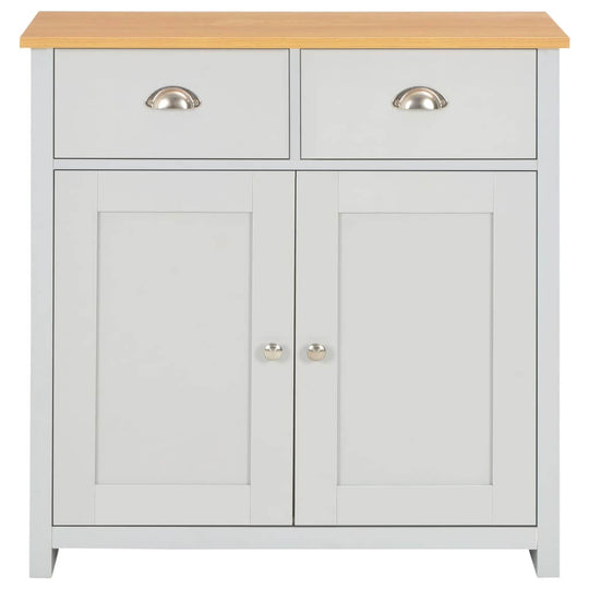 Grey sideboard with two drawers and two doors, ideal for organizing furniture and enhancing interior decor.