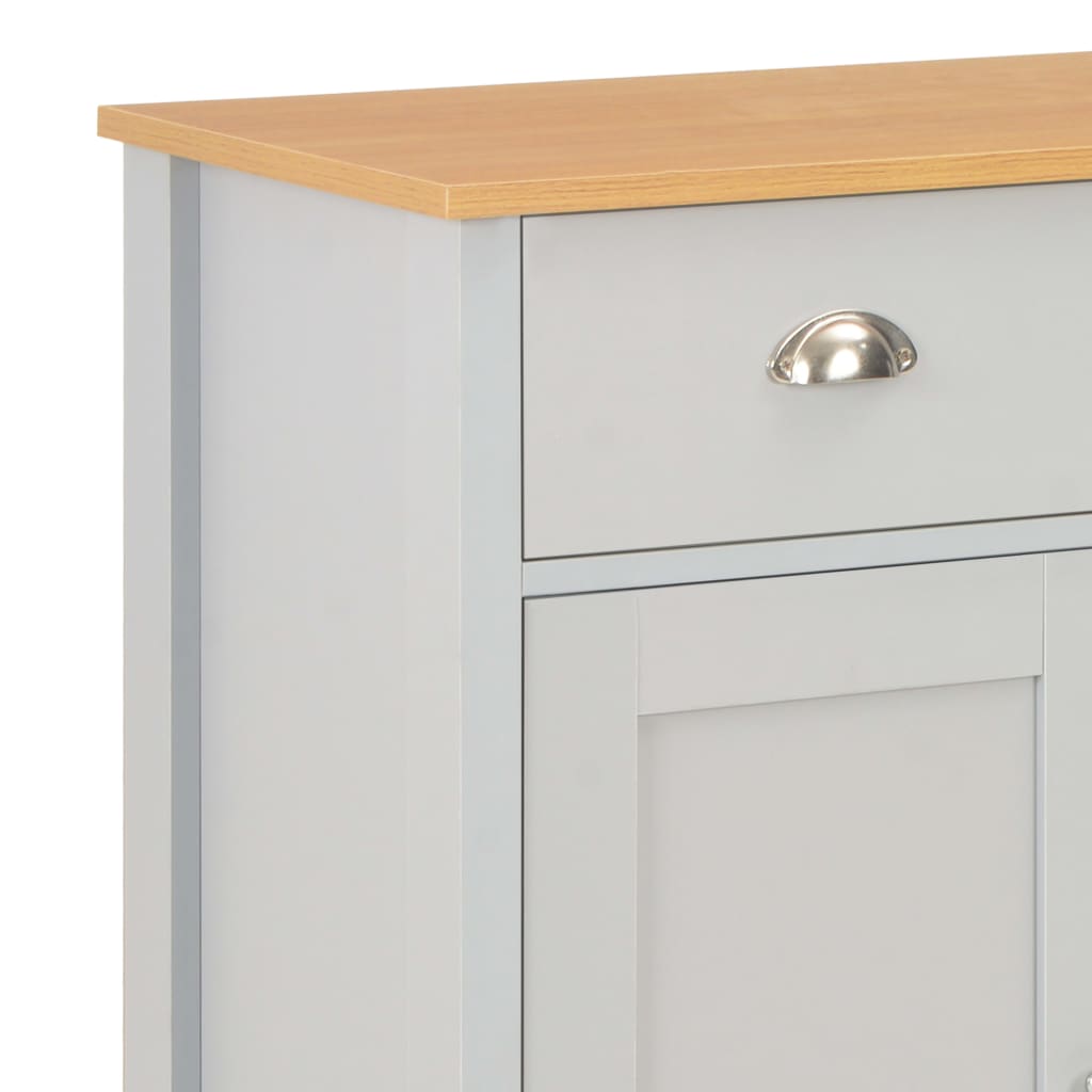 Close-up of a grey sideboard's drawers and wooden top, showcasing its durable design and elegant hardware.