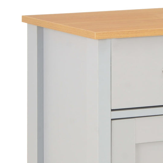 Close-up of grey sideboard top with wooden finish, showcasing durable engineered wood and storage drawers.