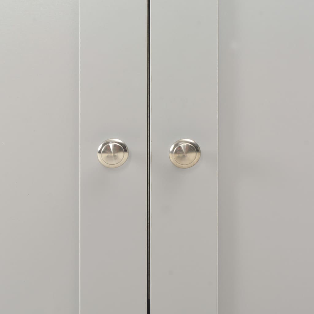 Close-up of grey cabinet doors featuring sleek silver knobs, ideal for modern furniture storage solutions.