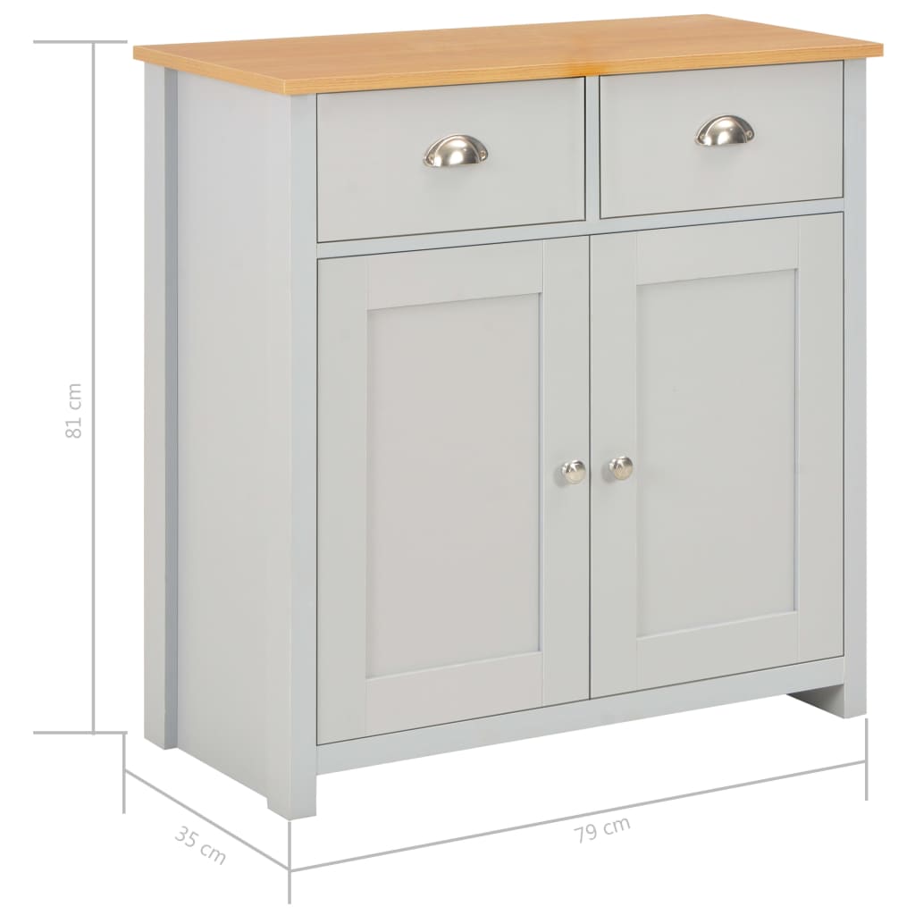 Sideboard in grey with wooden top, featuring 2 drawers and 2 doors for ample storage, dimensions 79x35x81 cm.