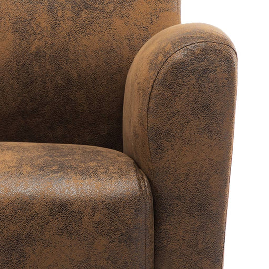 Close-up of a brown faux suede leather sofa chair, showcasing its stylish design and comfortable padded armrest.