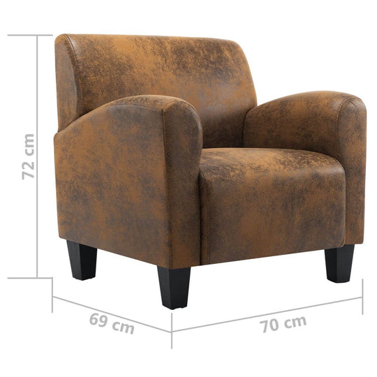 Brown faux suede leather sofa chair with dimensions, perfect for stylish outdoor and indoor furniture.