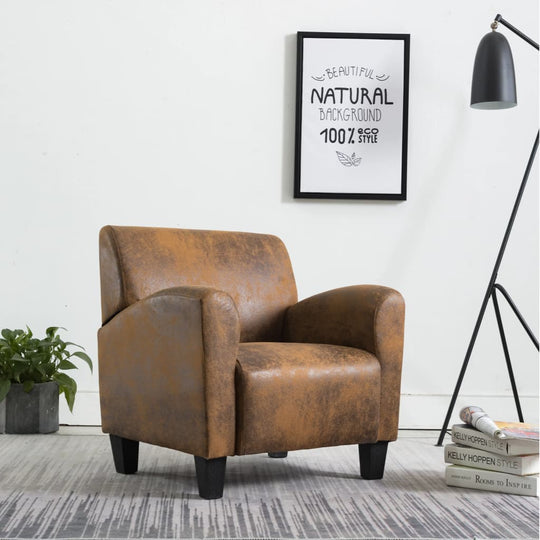 Stylish brown faux suede leather sofa chair for comfortable living room and outdoor furniture decor.