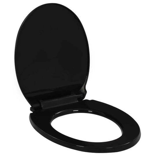 Soft-close black toilet seat with quick-release design, ideal for home or commercial use.