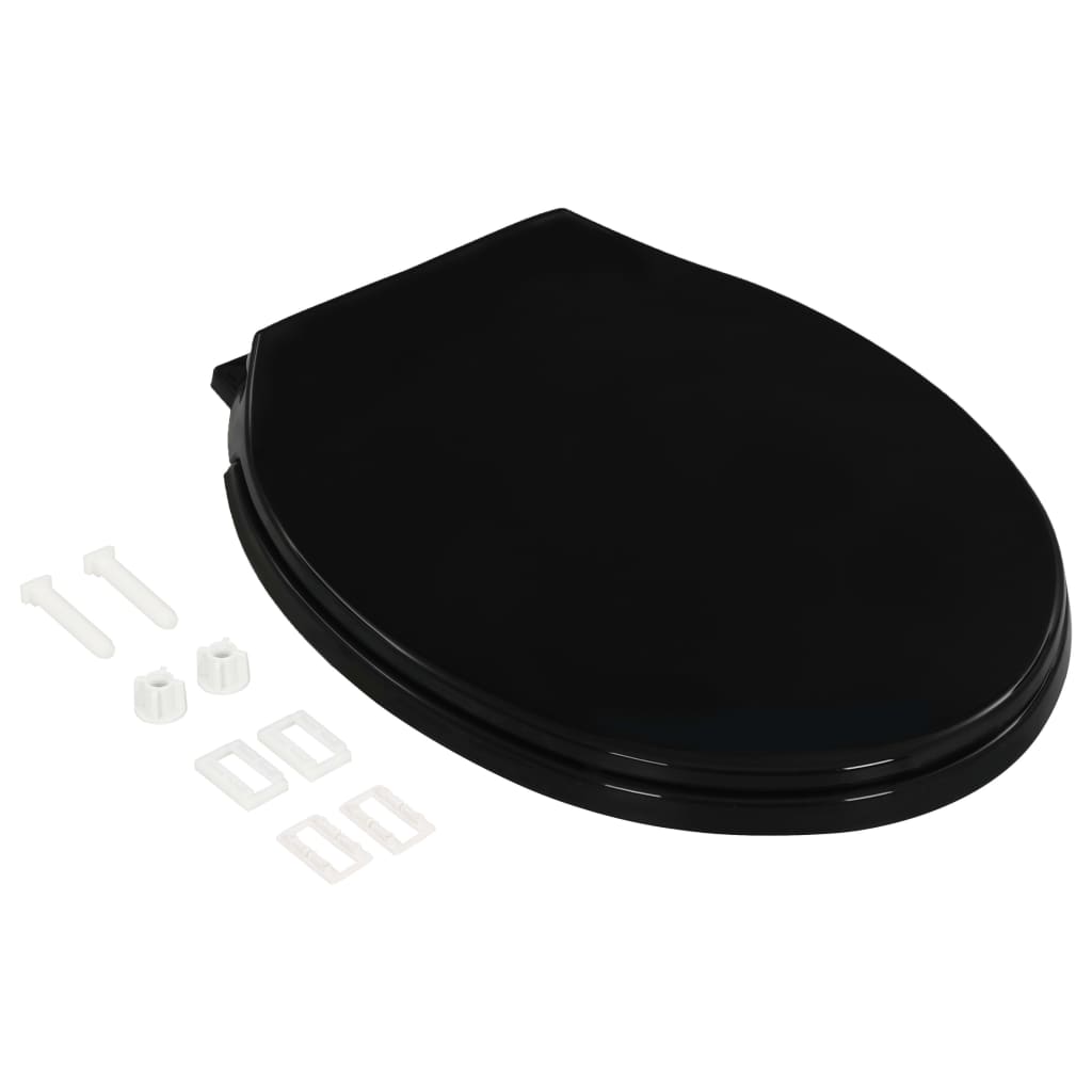 Soft-close black toilet seat with quick-release design and installation accessories for easy cleaning. Suitable for standard toilet bowls.