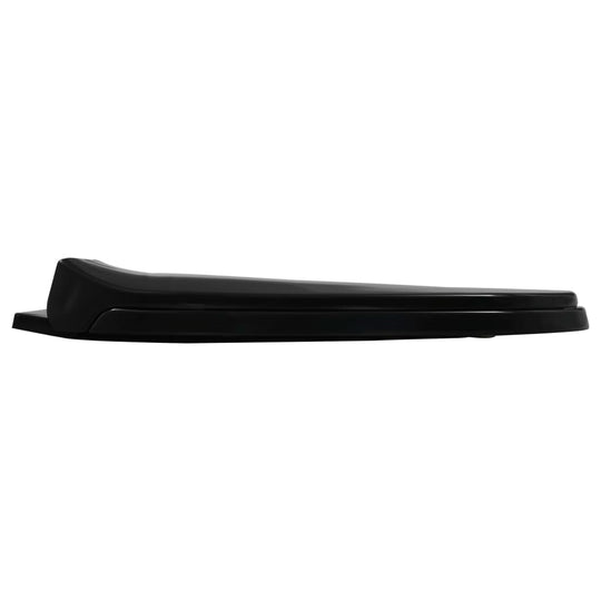 Side view of a sleek black soft-close toilet seat with a quick-release design, ideal for family and commercial use.