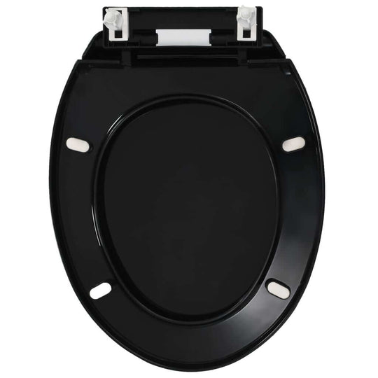 Soft-close black toilet seat with quick-release design, ideal for family homes and restaurants.