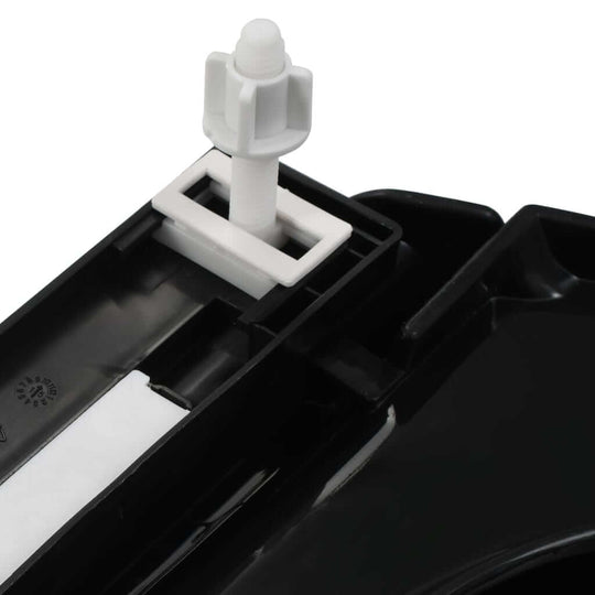 Close-up of soft-close toilet seat quick-release mechanism in black for easy installation and maintenance.