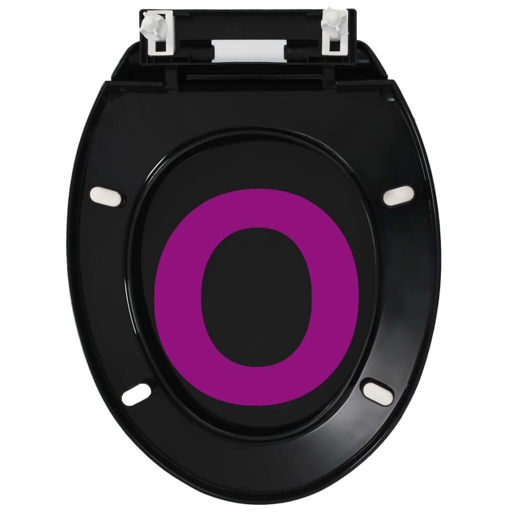 Soft-close black toilet seat with quick-release design featuring a purple letter O. Ideal for homes, restaurants, and hotels.