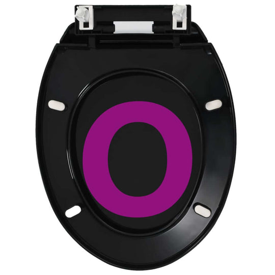 Soft-close black toilet seat with quick-release design featuring a purple letter O. Ideal for homes, restaurants, and hotels.