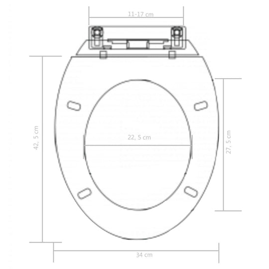 Dimensions of soft-close toilet seat with quick-release design, suitable for standard toilet bowls.