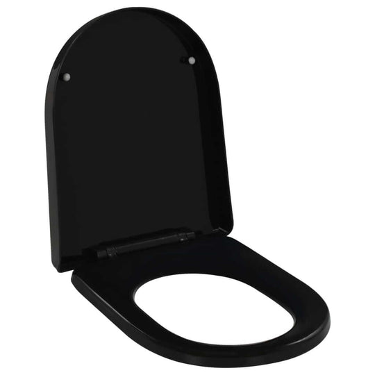 Soft-close black toilet seat with quick-release design, ideal for family homes and restaurants.