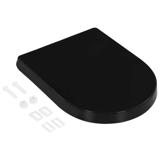 Soft-close black toilet seat with quick-release design, featuring installation hardware for easy setup and cleaning.