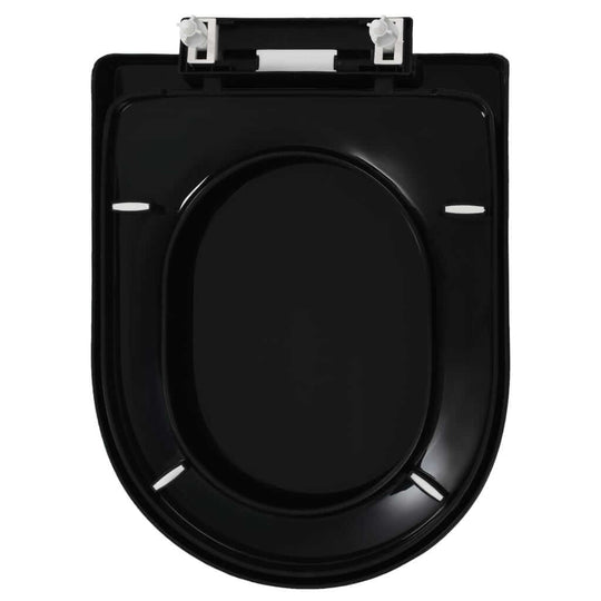 Soft-close black toilet seat with quick-release design, ideal for family homes and commercial spaces, easy to clean.