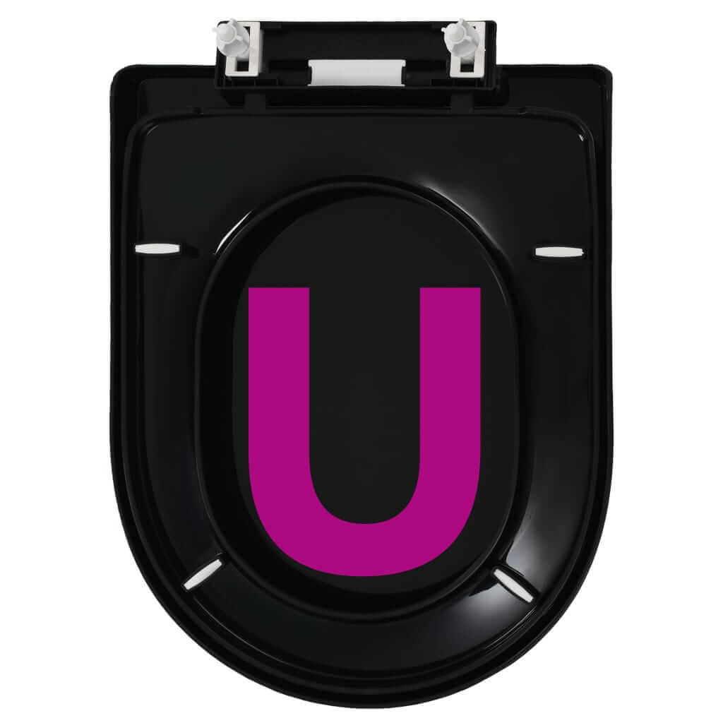 Soft-close black toilet seat with quick-release design, ideal for family homes and restaurants, featuring a unique U shape.