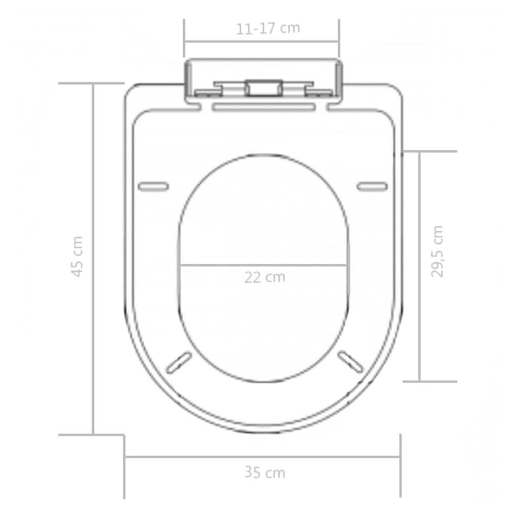 Dimensions diagram of a soft-close toilet seat with quick-release design, showing size measurements in centimeters.