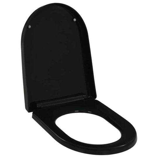 Soft-close black toilet seat with quick-release design, ideal for easy cleaning and family use.